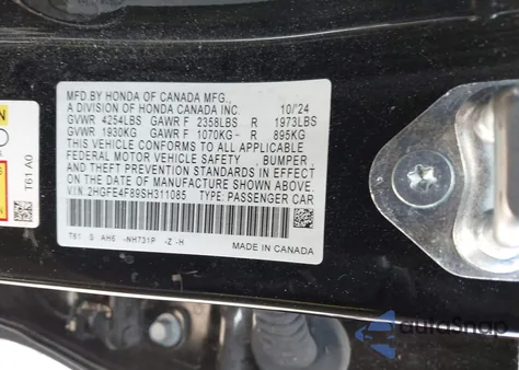 2025 Honda Civic Hybrid Sport/Sport Touring z USA, uszkodzony, nr VIN 2HGFE4F89SH311085